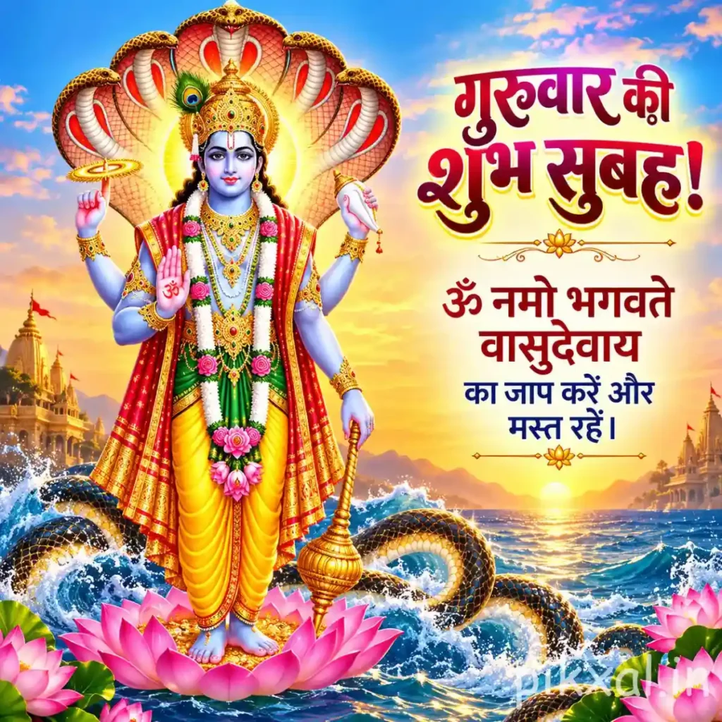 Good Morning Thursday God Images featuring Lord Vishnu standing above ocean waves with a golden crown and pink lotus flowers