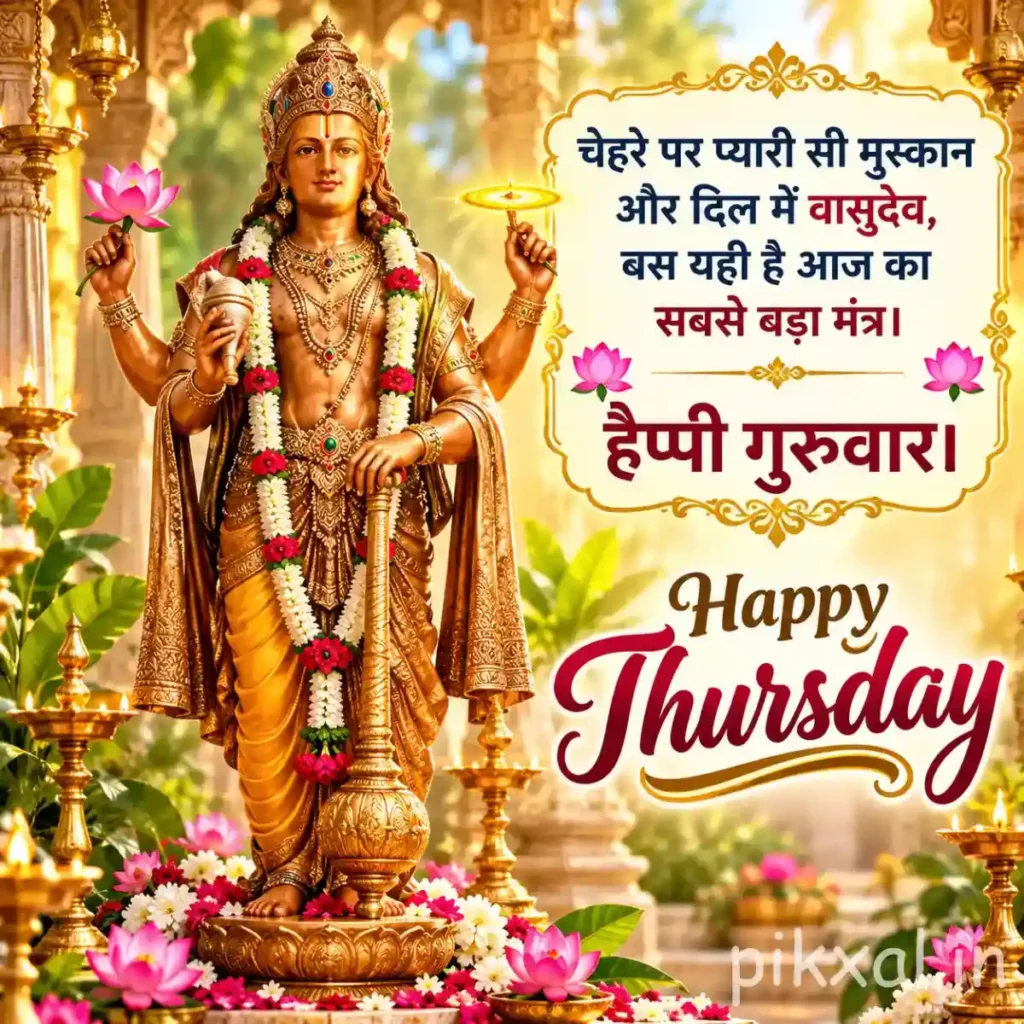 Good Morning Thursday God Images featuring a golden Lord Vishnu statue holding lotus flowers inside a decorated temple