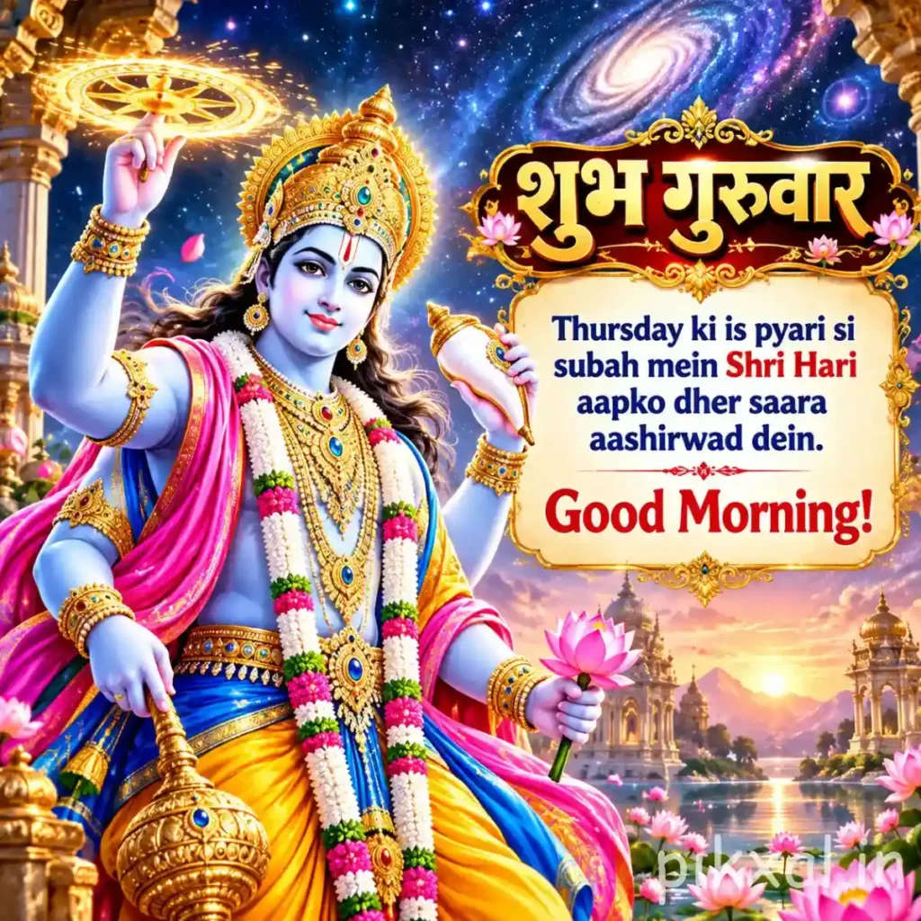 Good Morning Thursday God Images featuring Lord Vishnu holding the Sudarshan Chakra against a cosmic background