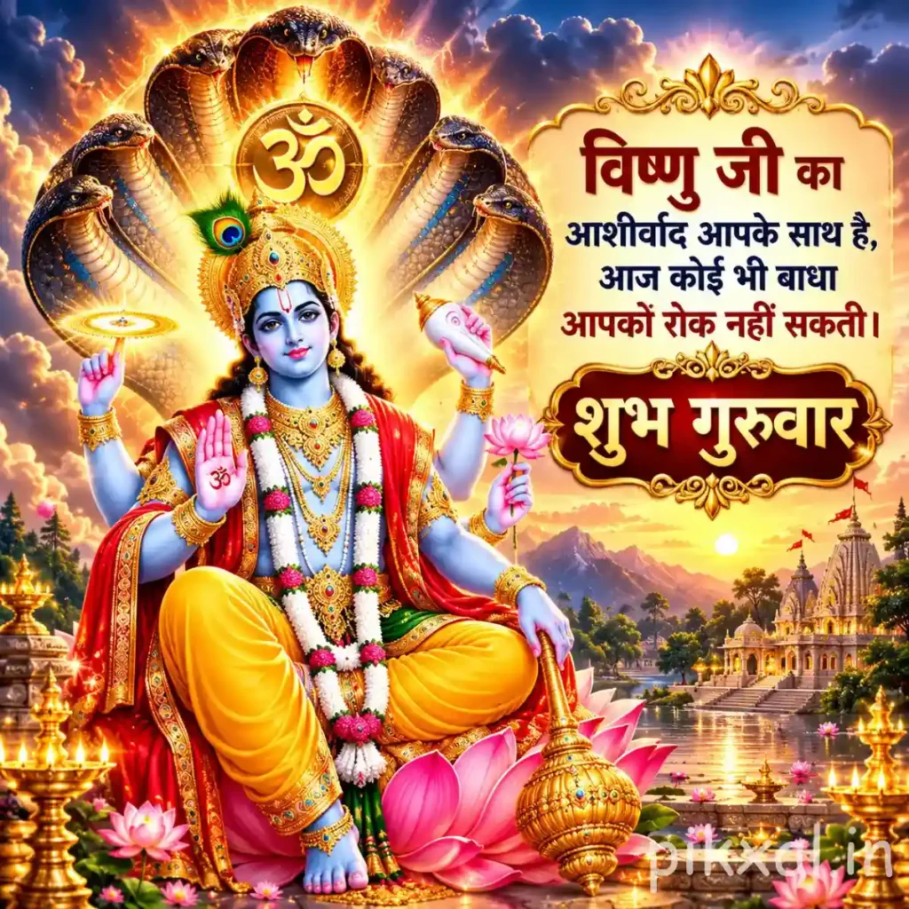 Good Morning Thursday God Images showing Lord Vishnu seated beside a glowing Om symbol and a mountain sunrise