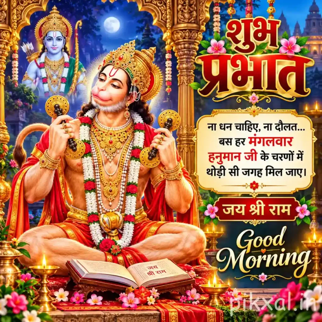 Good Morning Tuesday God Image of Lord Hanuman reading a holy book in a decorated temple with Lord Ram in the background