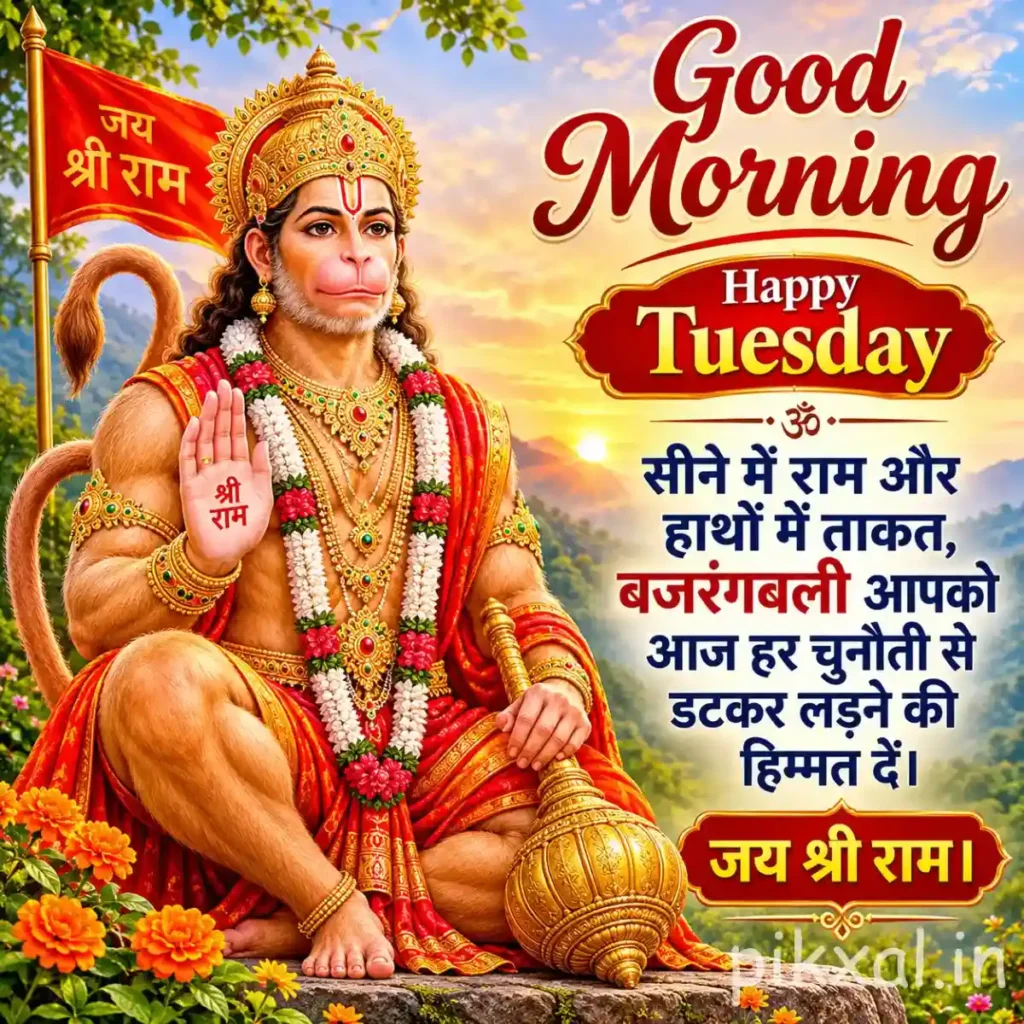 Good Morning Tuesday God Image featuring Lord Hanuman seated with a golden crown, gada and bright orange flowers