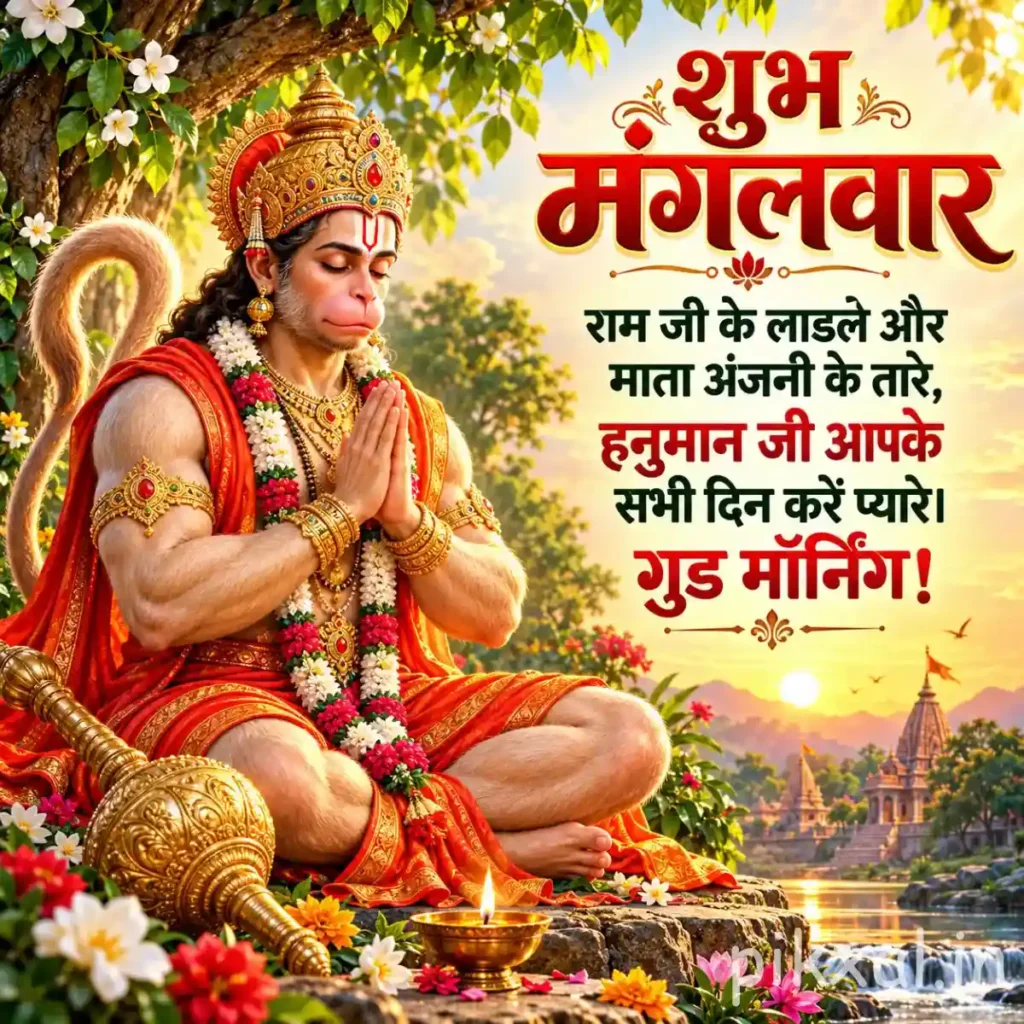 Good Morning Tuesday God Image featuring Lord Hanuman praying with folded hands beside a golden mace