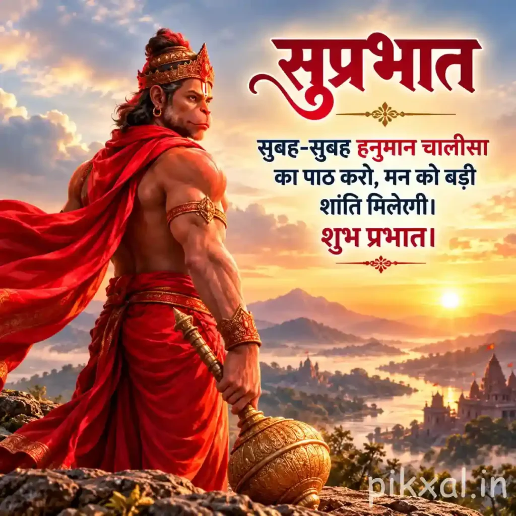 Good Morning Tuesday God Image showing Veer Bajrangbali from behind with a golden mace overlooking a sunrise