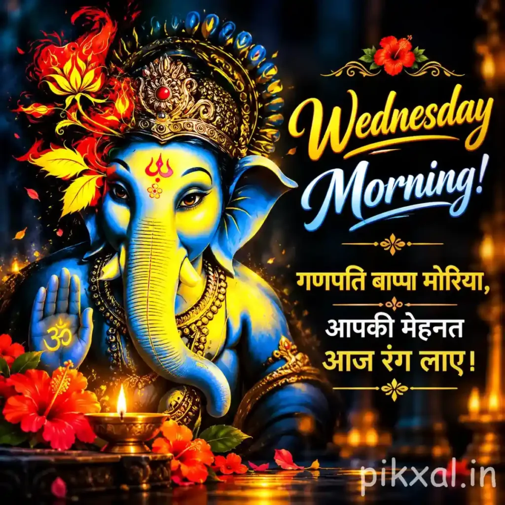 Good Morning Wednesday God Images featuring a blue Lord Ganesha idol with a golden crown and red flowers