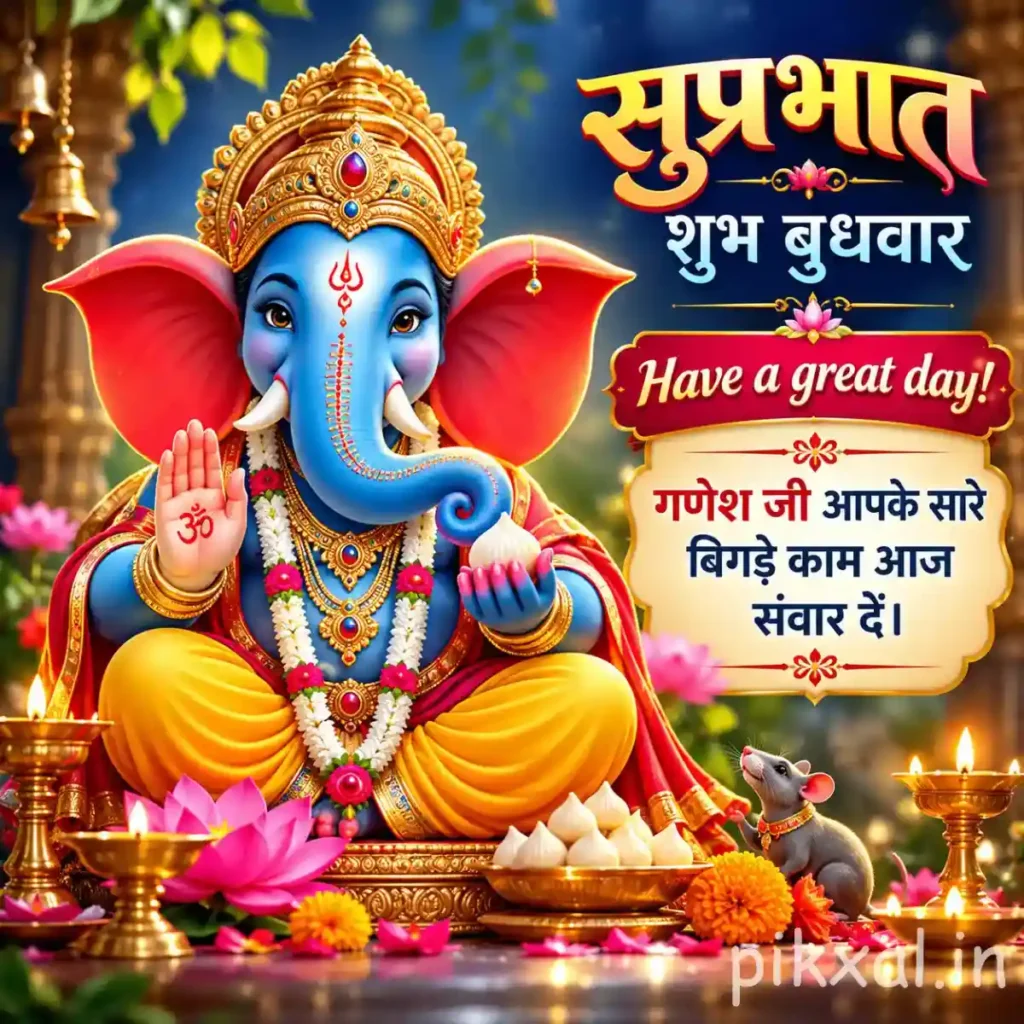 Good Morning Wednesday God Images of a blue Lord Ganesha idol with a golden crown and festive morning greetings