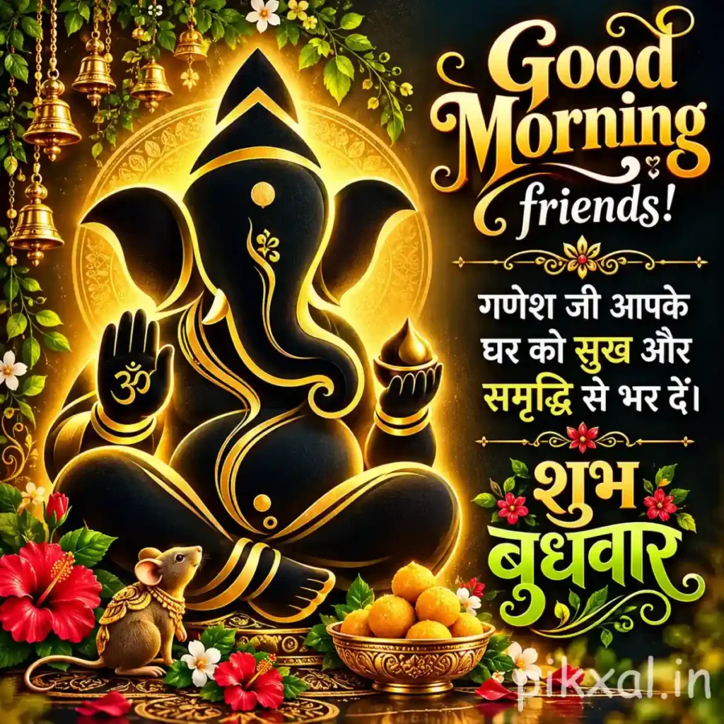 Good Morning Wednesday God Images featuring a glowing golden Lord Ganesha silhouette with red flowers and oil lamps