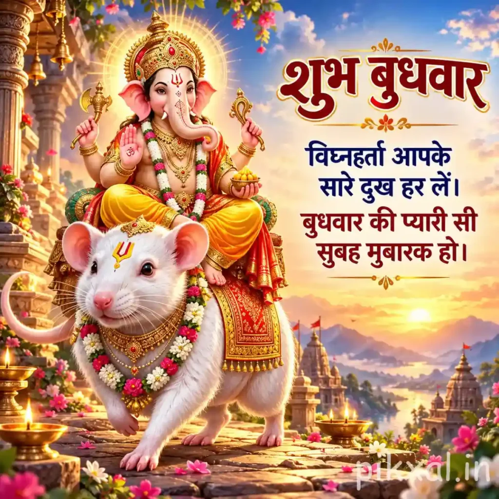 Good Morning Wednesday God Images showing Lord Ganesha seated beside a mountain landscape with शुभ बुधवार wishes