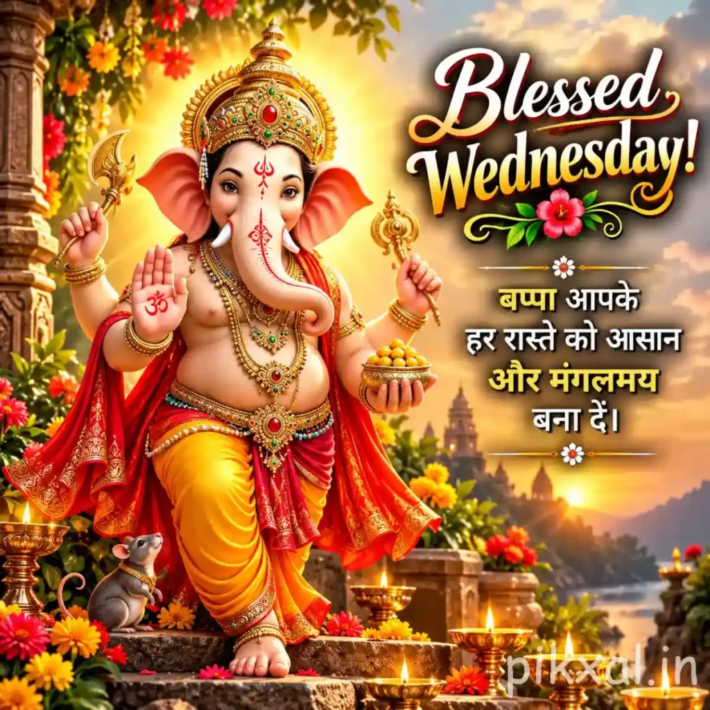 Good Morning Wednesday God Images featuring Lord Ganesha standing among colorful flowers with a golden crown