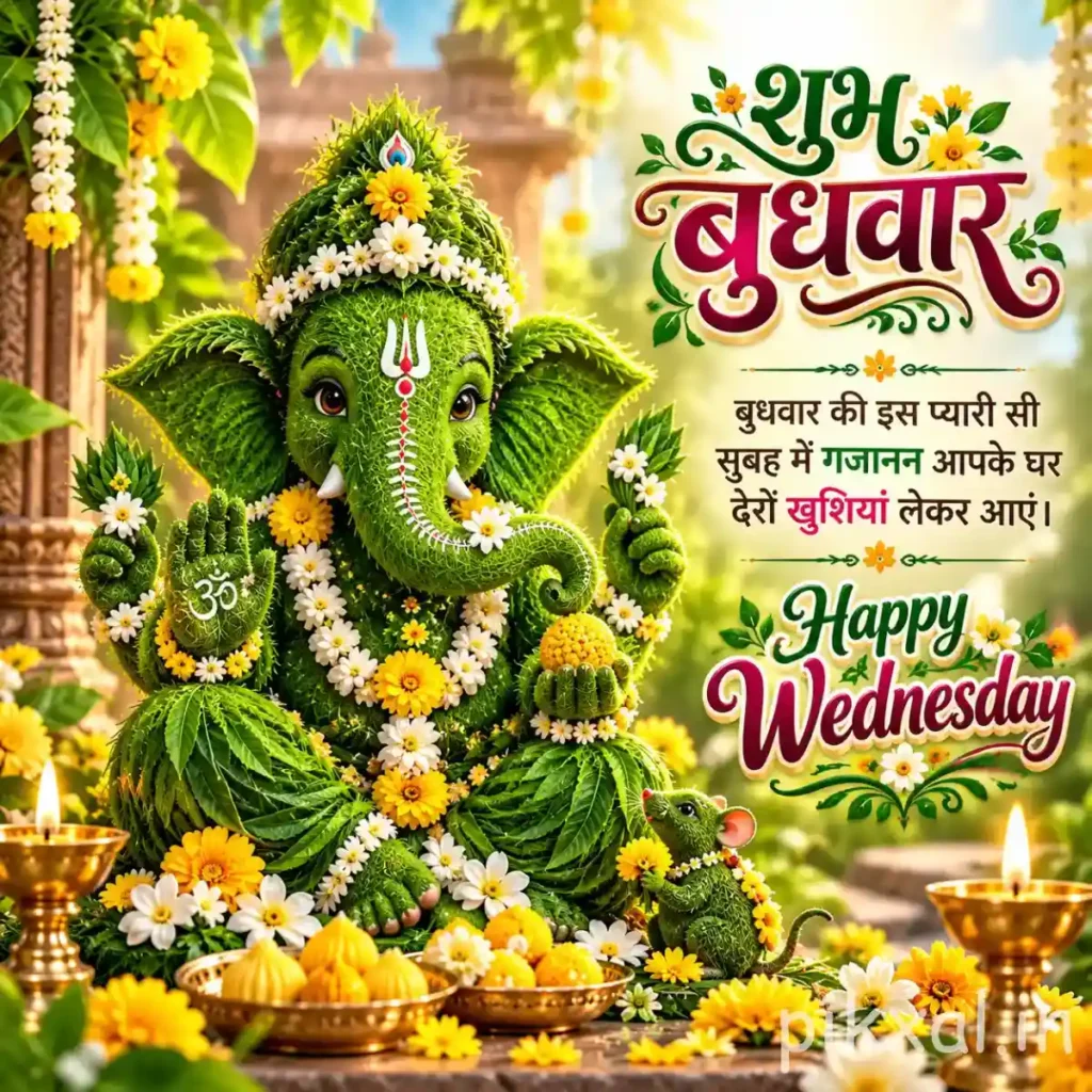 Good Morning Wednesday God Images showing a green decorative Lord Ganesha idol surrounded by flowers and lamps