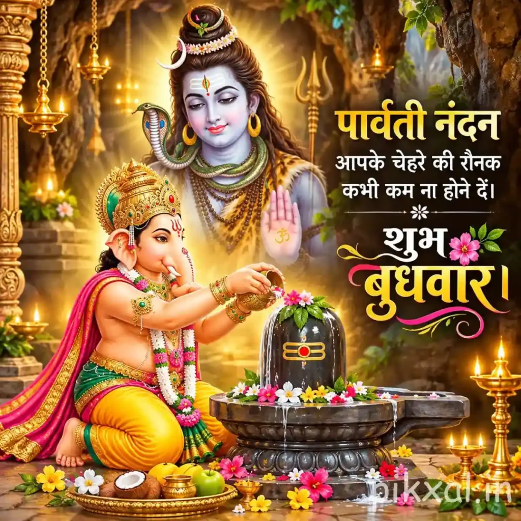 Good Morning Wednesday God Images showing Lord Shiva performing पूजा beside a decorated Shiva Lingam