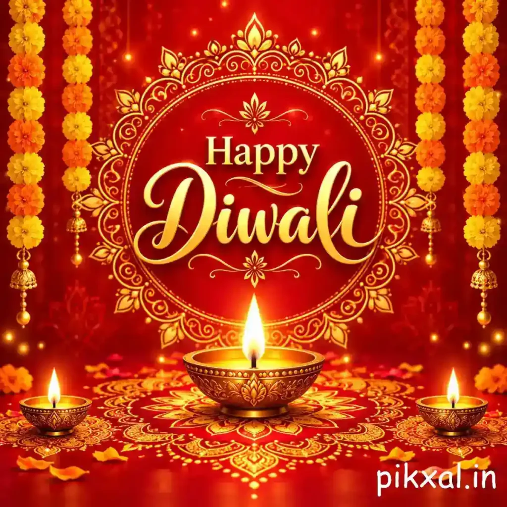 Greeting Diwali wishes image with a decorative central diya, golden ornamental patterns and hanging marigold garlands