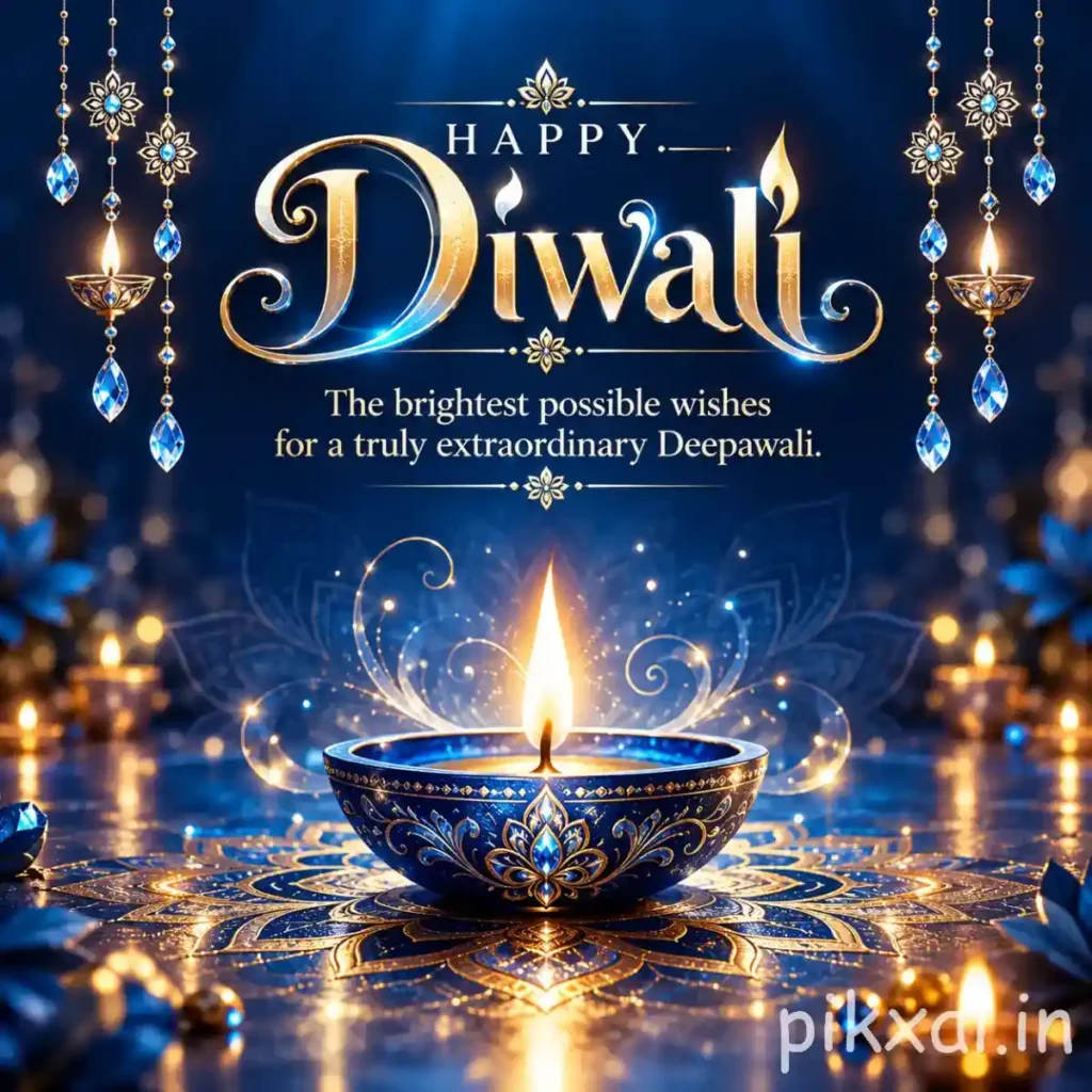 Happy Deepawali images download featuring a blue and golden decorative diya, intricate rangoli patterns and hanging ornaments