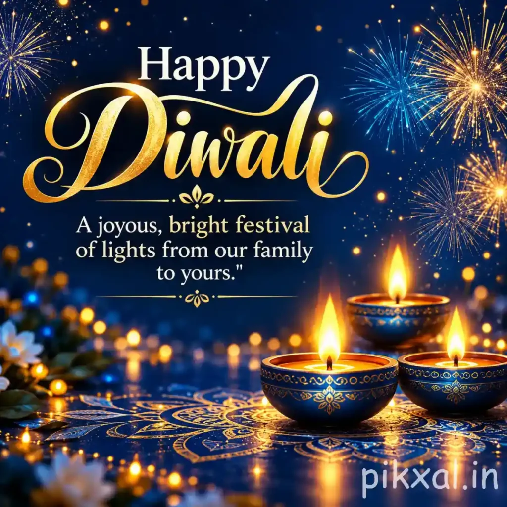 Happy Deepawali images download featuring blue and golden decorative diyas, intricate rangoli and colorful fireworks