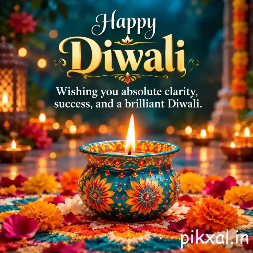 Happy Deepawali images download featuring a colorful decorative diya, marigold flowers and golden bokeh lights