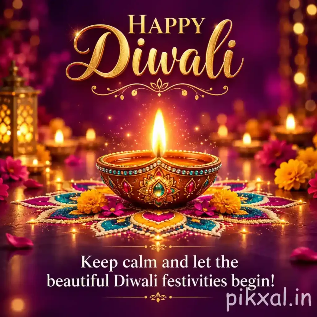 Happy Deepawali images download featuring a colorful decorative diya, vibrant rangoli, marigold flowers and golden festive lights