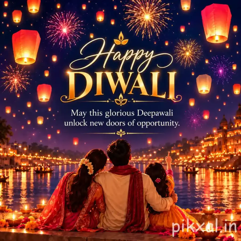 Happy Deepawali images download featuring a family watching colorful sky lanterns and fireworks during Diwali
