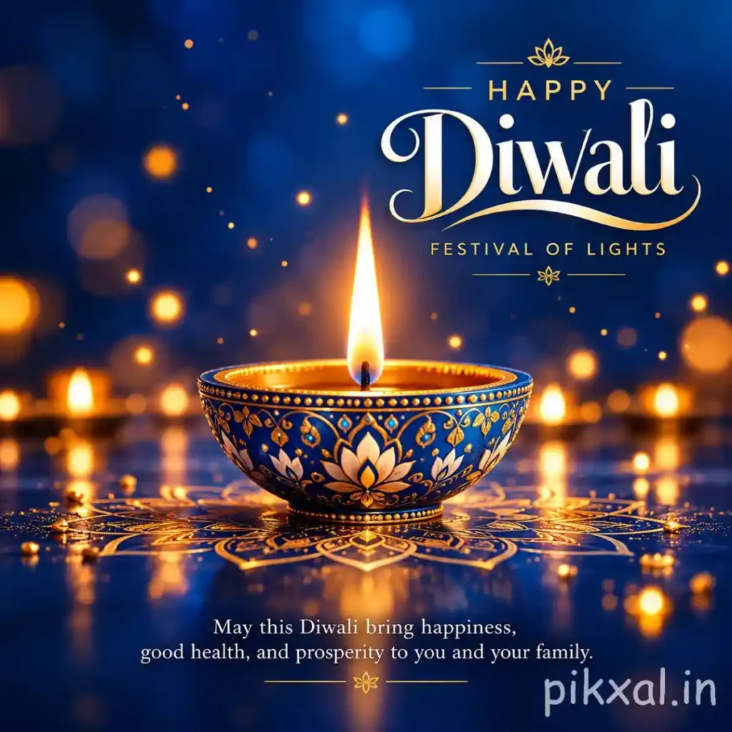 Happy Diwali wishes image with a decorative blue terracotta diya