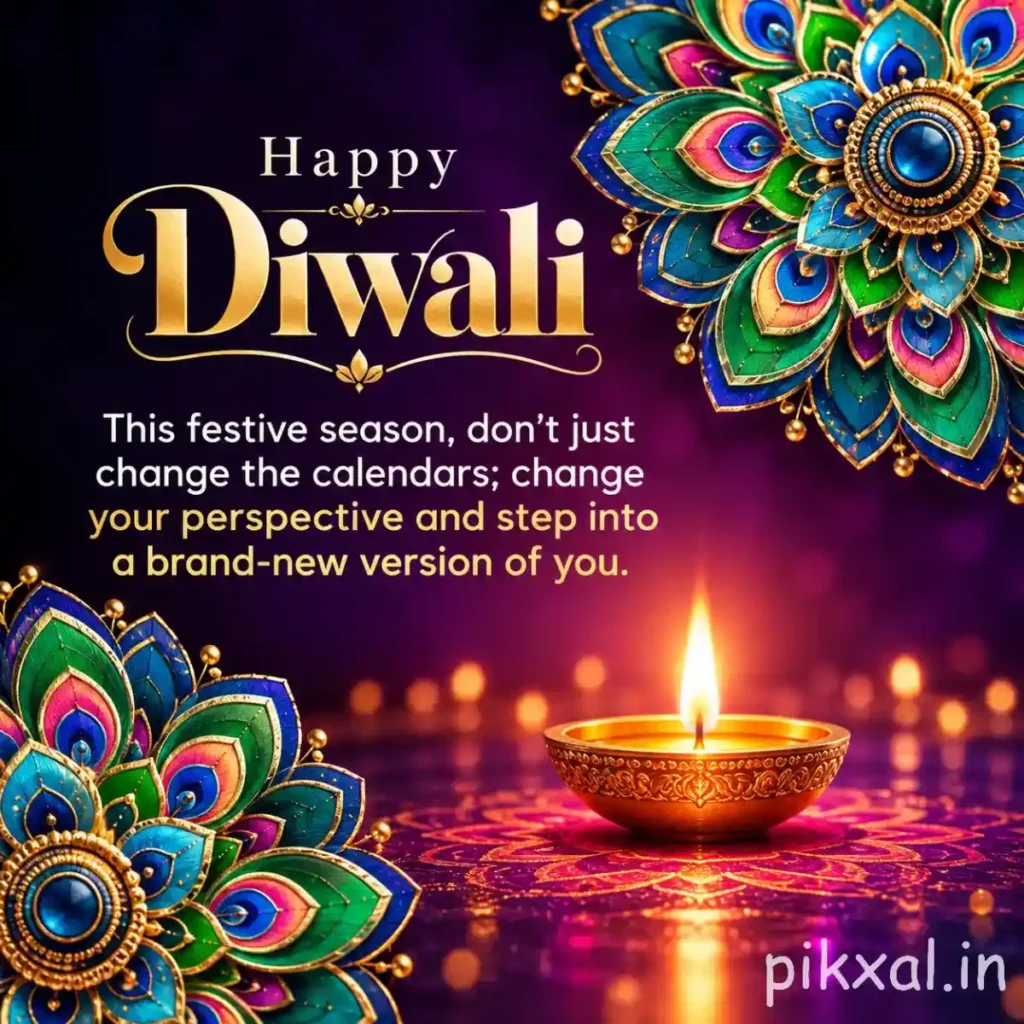 Happy Diwali greeting with an ornate blue and green peacock feather design, golden lettering and a glowing clay diya on a purple background.