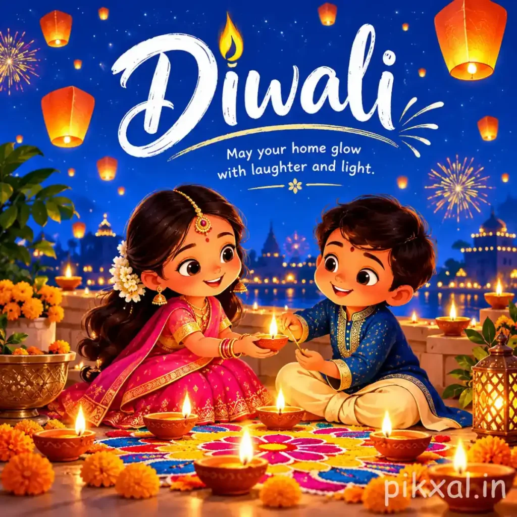 Happy Diwali greeting image with cartoon Indian children lighting diyas, colourful rangoli, floating lanterns and fireworks beneath a blue night sky