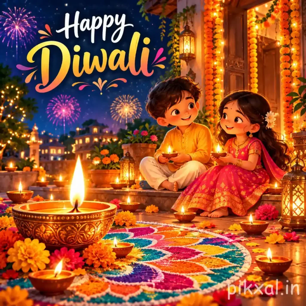 Happy Diwali wishes image featuring two children in traditional Indian outfits holding diyas, colourful rangoli, marigold garlands and fireworks outside a decorated home.