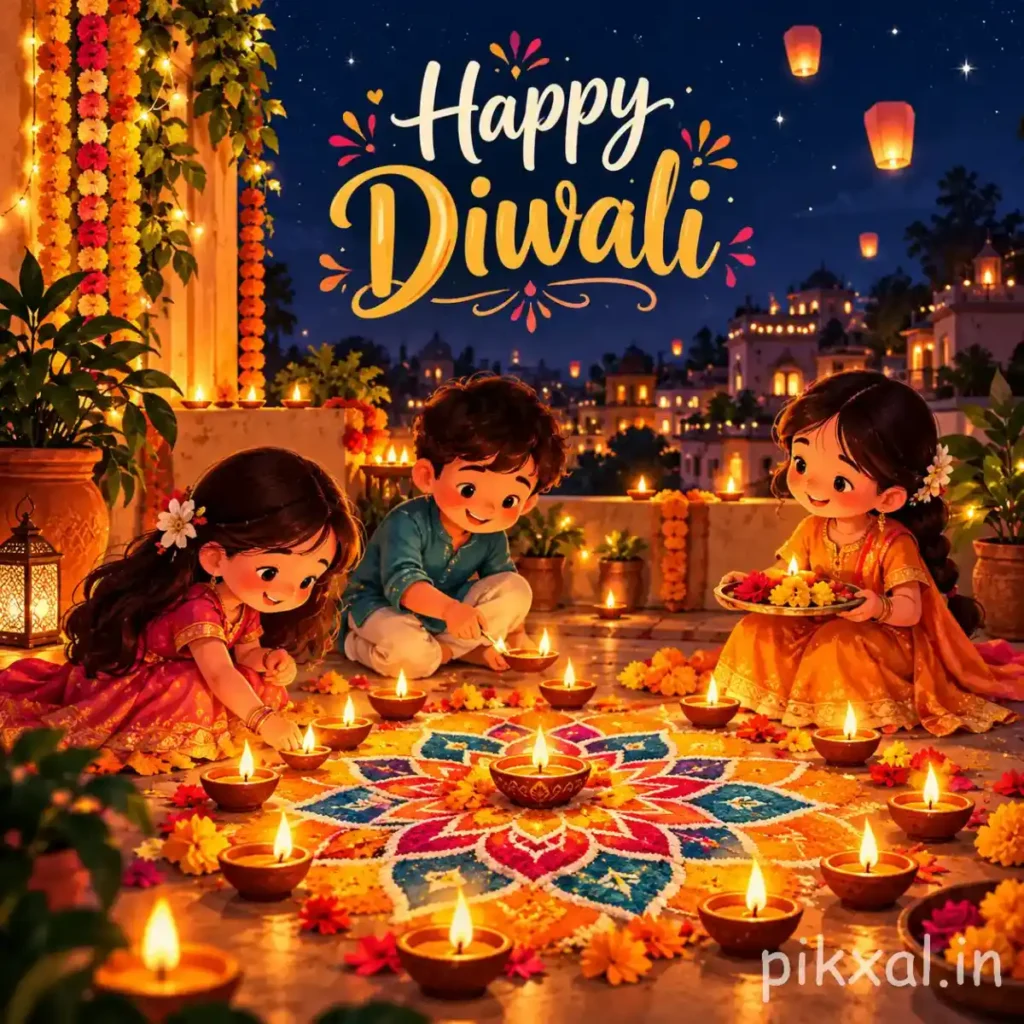 Happy Diwali wishes image featuring children in traditional Indian outfits lighting diyas around a colourful rangoli, with marigold garlands and glowing lanterns on a festive rooftop.