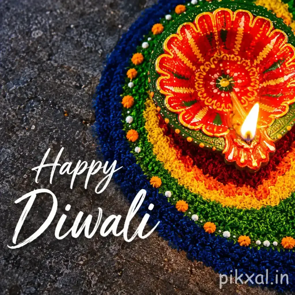 Happy Diwali image featuring a red-and-gold floral diya, vibrant blue, green and saffron rangoli, and elegant white lettering on a dark stone background.