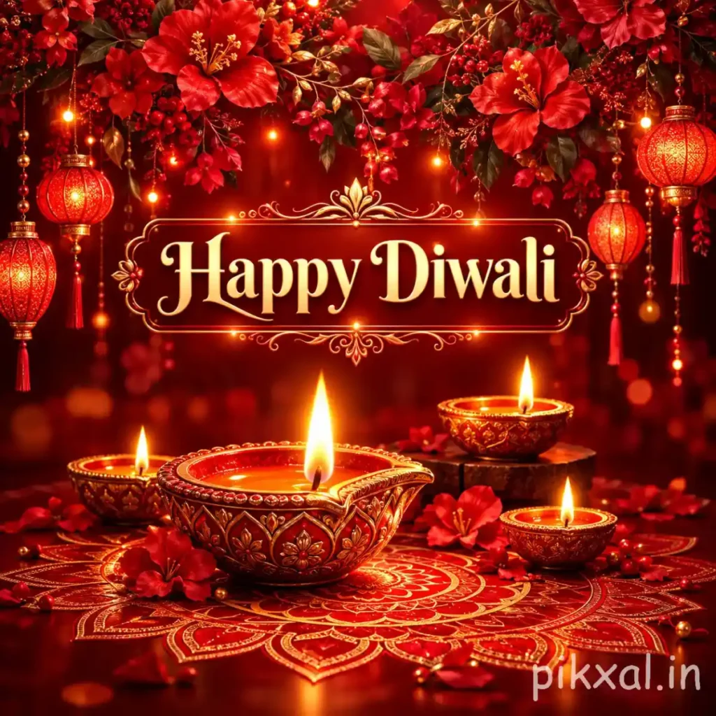 Happy Diwali wishes image with red flowers, glowing decorative lanterns, ornate golden diyas and an intricate red-and-gold rangoli design.
