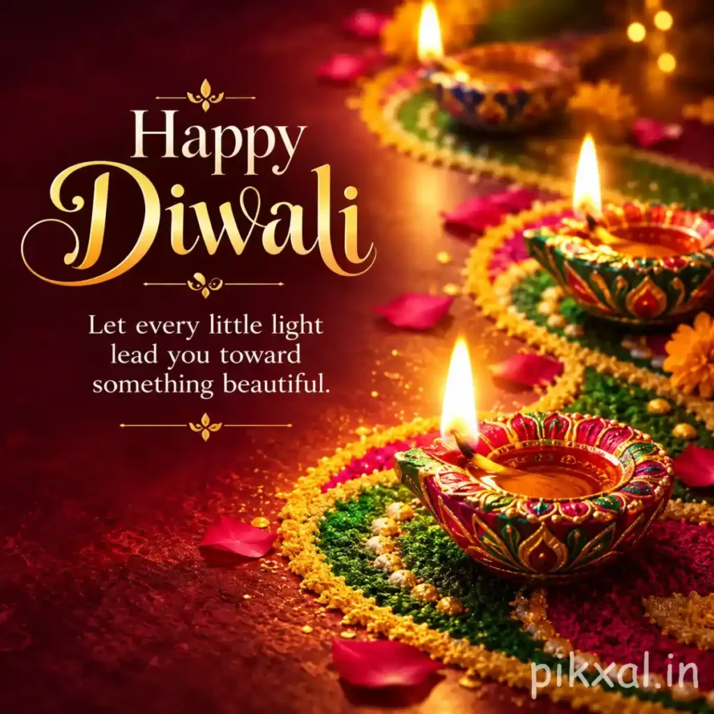 Happy Diwali wishes image with ornate colourful diyas, vibrant green and magenta rangoli, golden marigold accents and elegant festive typography on a deep maroon background