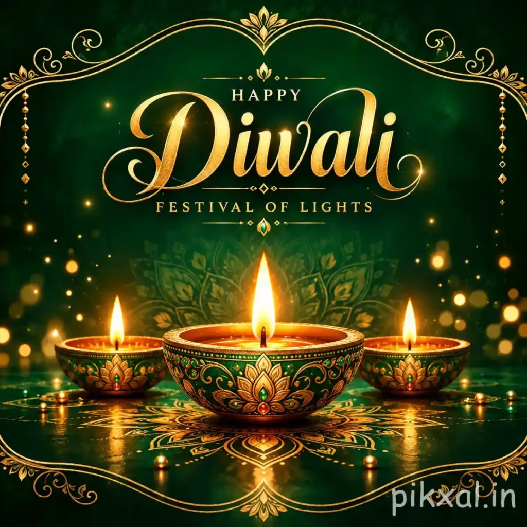 Happy Diwali wishes image with three ornate green-and-gold diyas, a golden rangoli mandala, elegant Festival of Lights lettering and decorative gold borders on an emerald-green background