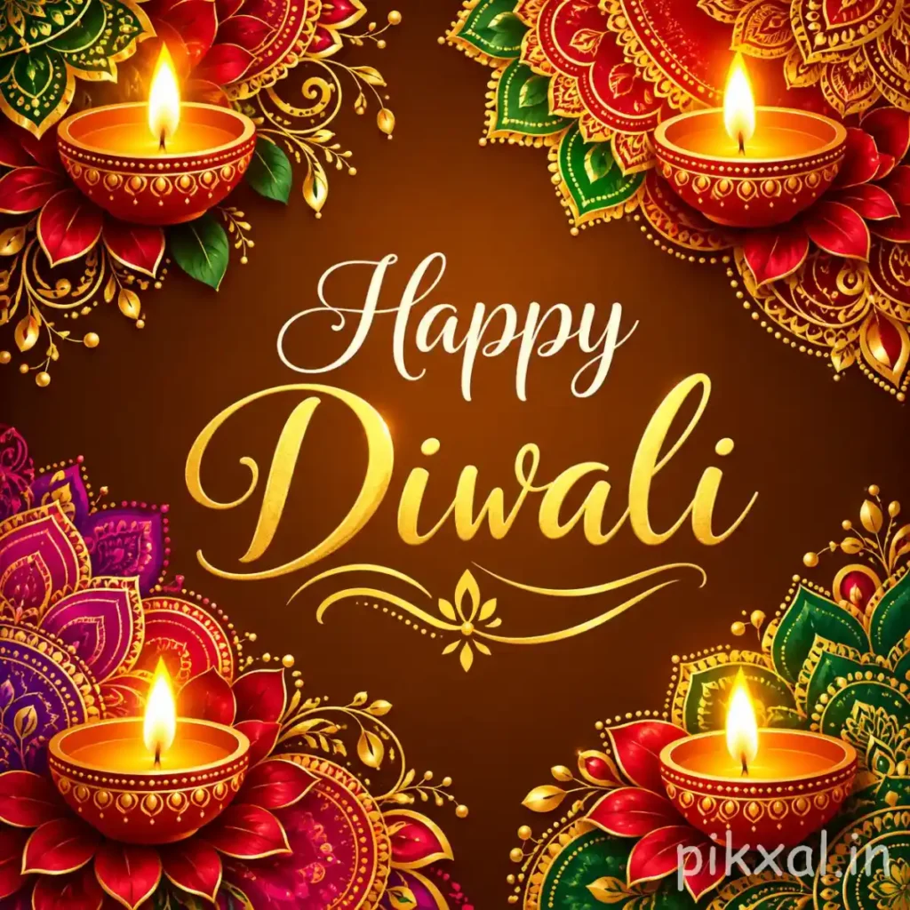 Happy Diwali wishes image with four glowing red diyas, colourful mandala rangoli, intricate gold patterns and elegant golden calligraphy on a dark brown background