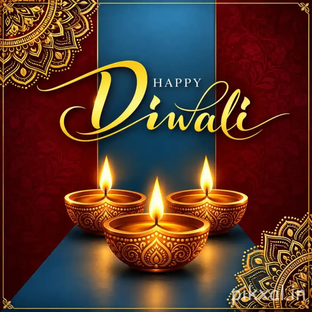 Happy Diwali greeting image with three ornate golden diyas, elegant gold calligraphy, burgundy damask panels and decorative mandala corners on a teal background