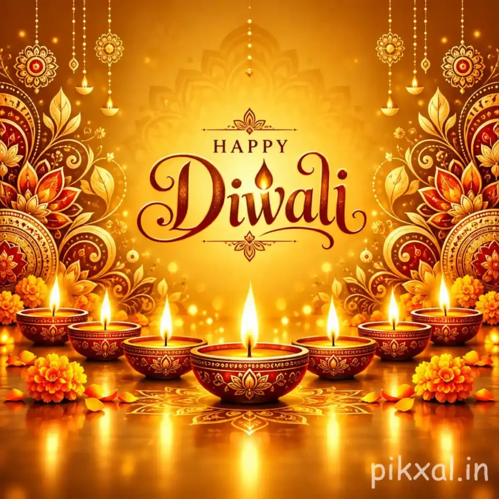 Happy Diwali wishes image with seven decorated diyas, intricate golden mandalas, marigold flowers and elegant festive lettering against a glowing amber background