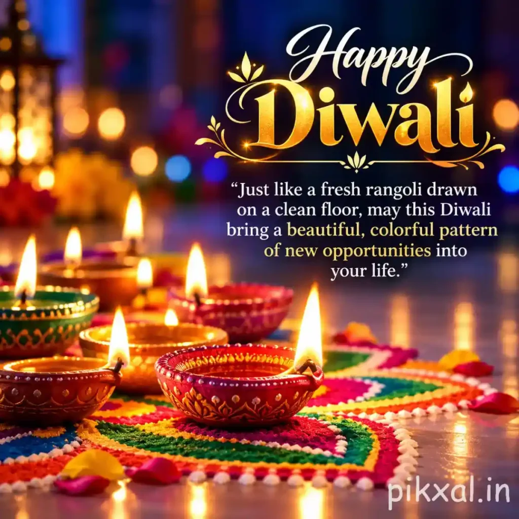 Happy Diwali greeting with golden calligraphy, colorful decorated diyas, a vibrant rangoli and warm festive lights.