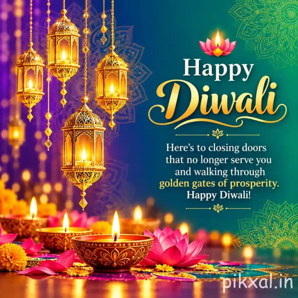 Happy Diwali image featuring ornate golden hanging lanterns, glowing diyas, pink lotus flowers and golden lettering on a teal background.