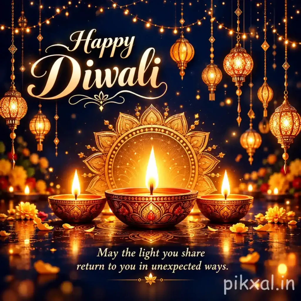 Happy Diwali wishes image with glowing golden lanterns, three ornate diyas, a radiant lotus mandala, marigold petals and elegant festive lettering on a navy-blue background