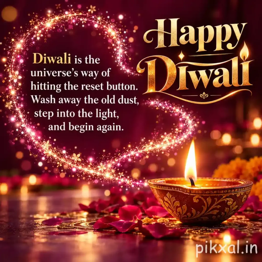 Happy Diwali image with elegant golden lettering, a sparkling heart-shaped light trail, a decorative clay diya and warm golden bokeh.
