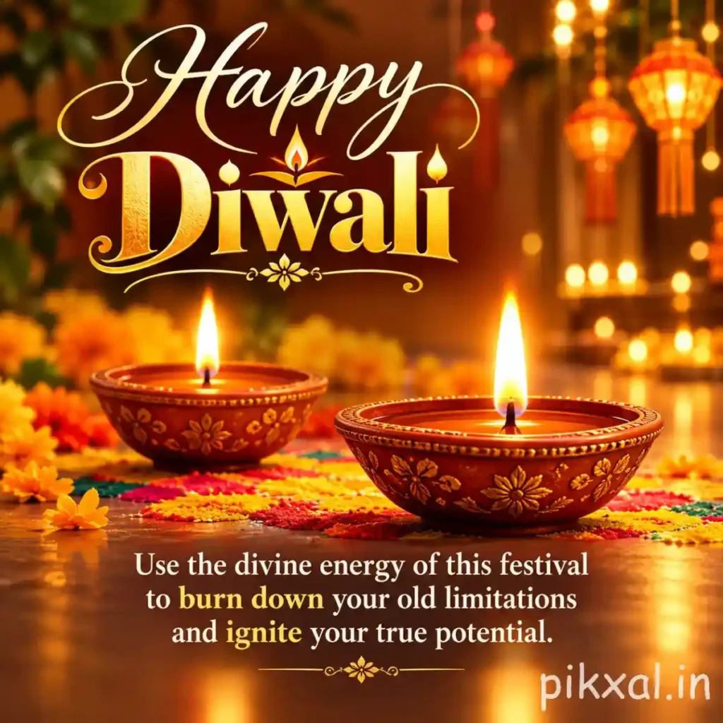 Happy Diwali greeting with ornate golden lettering, two decorated clay diyas, marigold flowers and warm amber lighting.