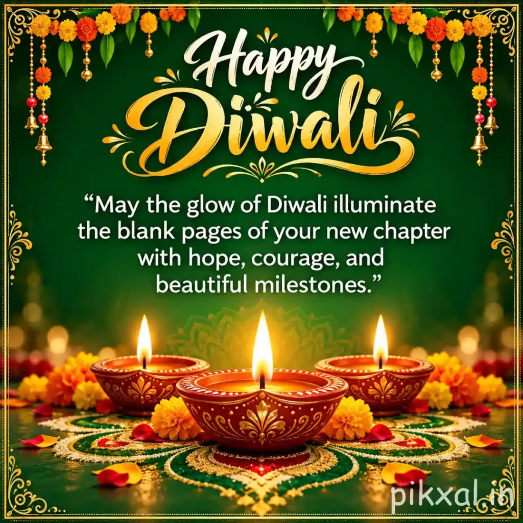 Happy Diwali image with golden lettering on a dark green background, three glowing clay diyas, marigold flowers and decorative rangoli.