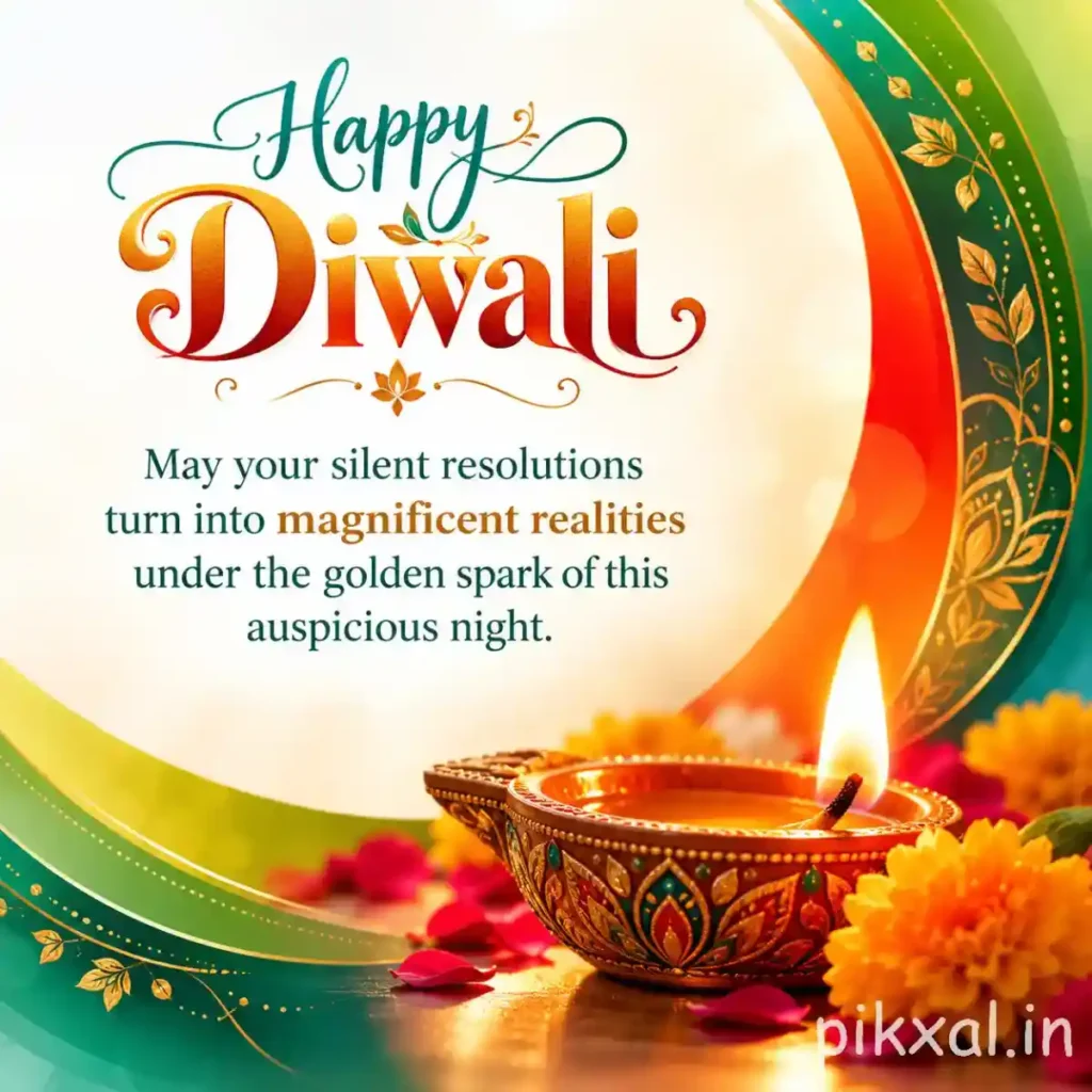 Happy Diwali greeting with green and gold decorative borders, elegant festive lettering, a jeweled clay diya and orange marigold flowers.