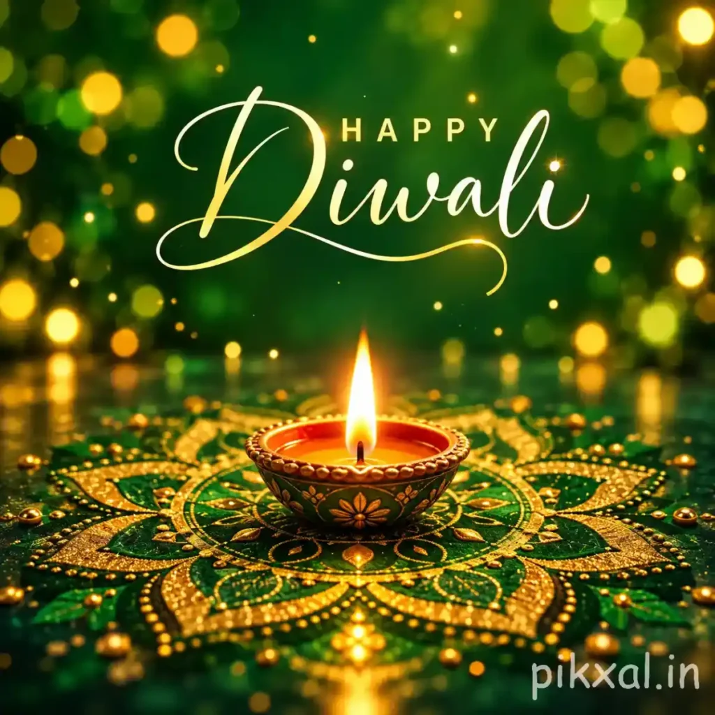 Happy Diwali image with a glowing terracotta diya, intricate golden rangoli and luminous bokeh against an emerald green background.