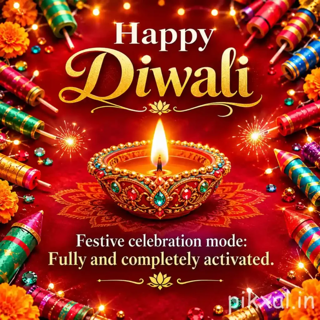 Happy Diwali HD picture with an ornate glowing diya, colorful firecrackers and red festive decorations