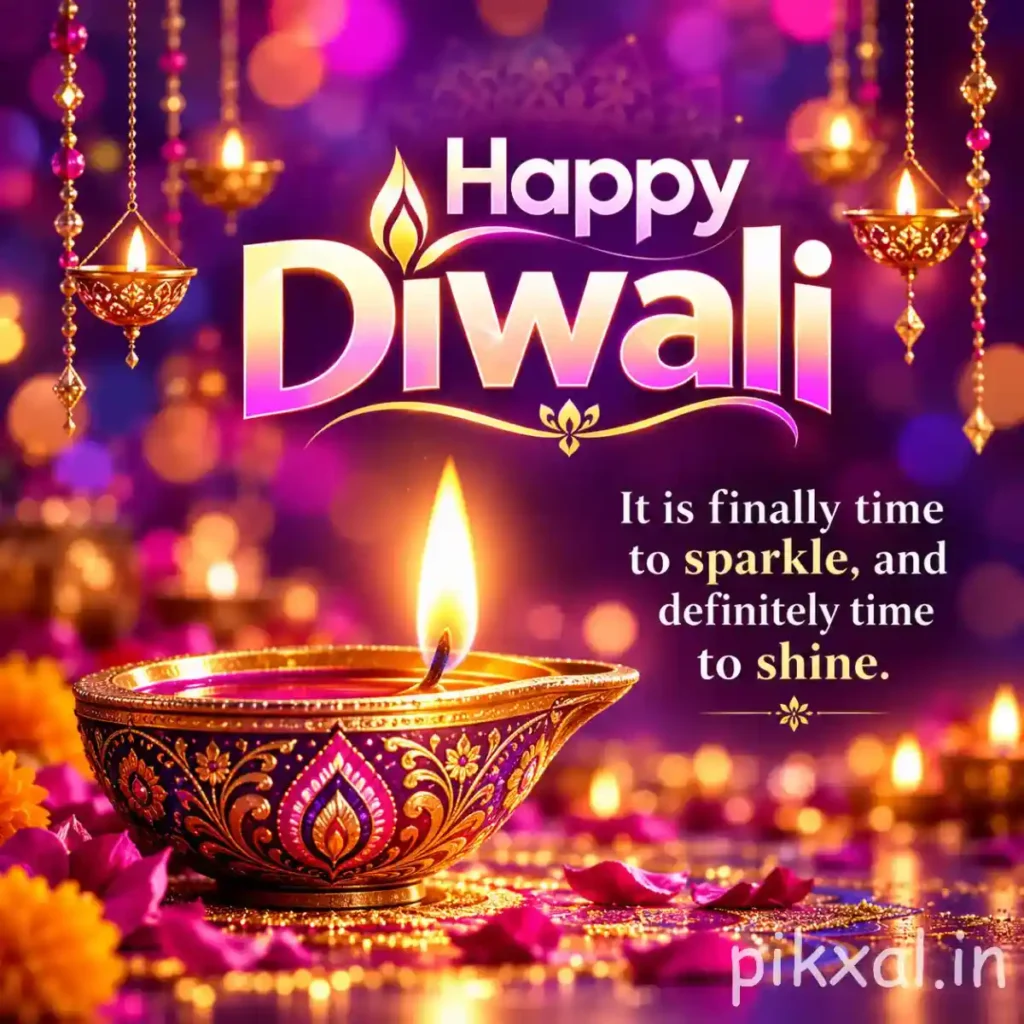 Happy Diwali HD picture featuring a colorful ornate diya, hanging golden lamps and vibrant pink festive lights