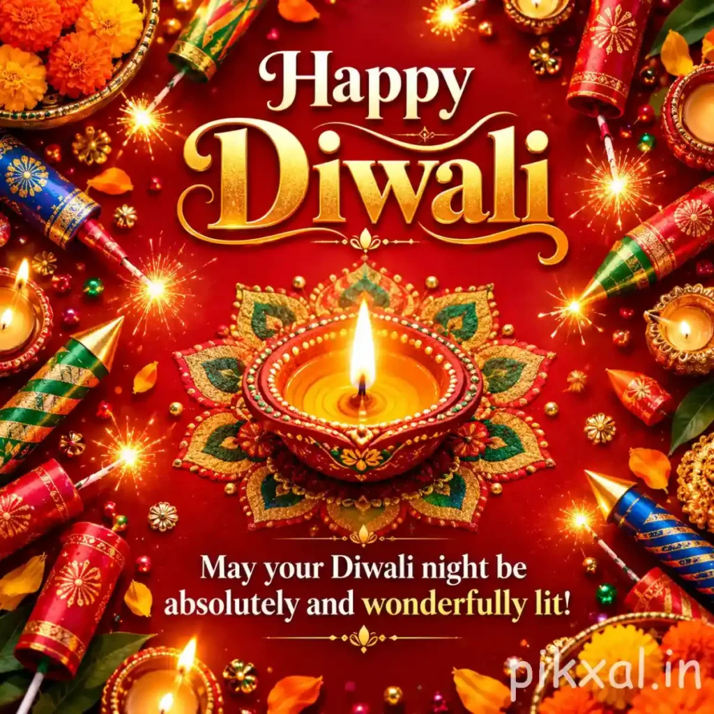 Happy Diwali HD picture featuring a glowing decorative diya, colorful fireworks and festive decorations