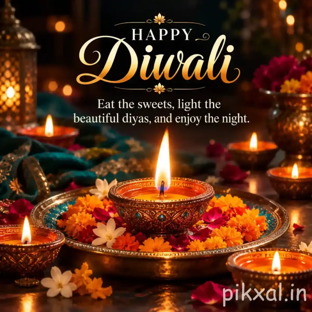 Happy Diwali HD picture featuring a decorative diya on a flower-filled platter with marigolds and festive lights