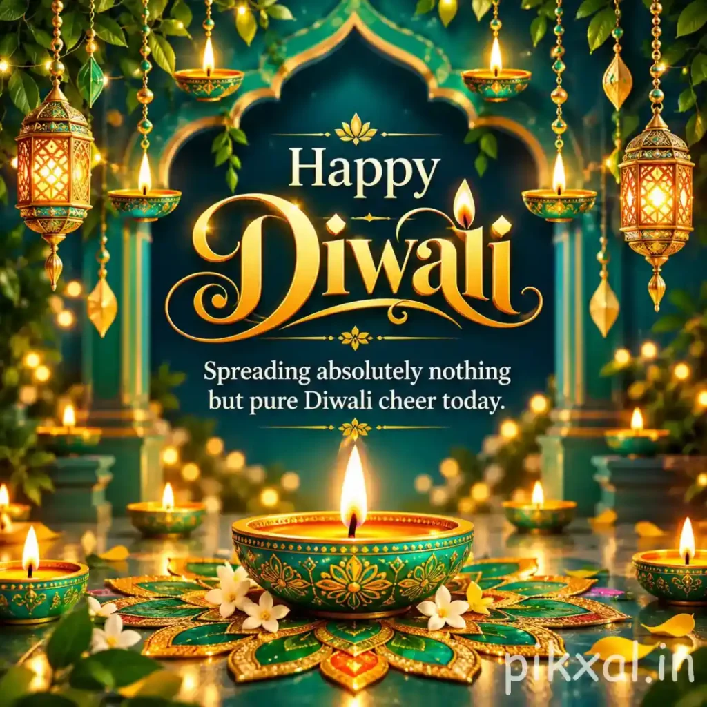 Happy Diwali HD picture featuring a green and golden decorative diya, intricate rangoli and hanging lanterns
