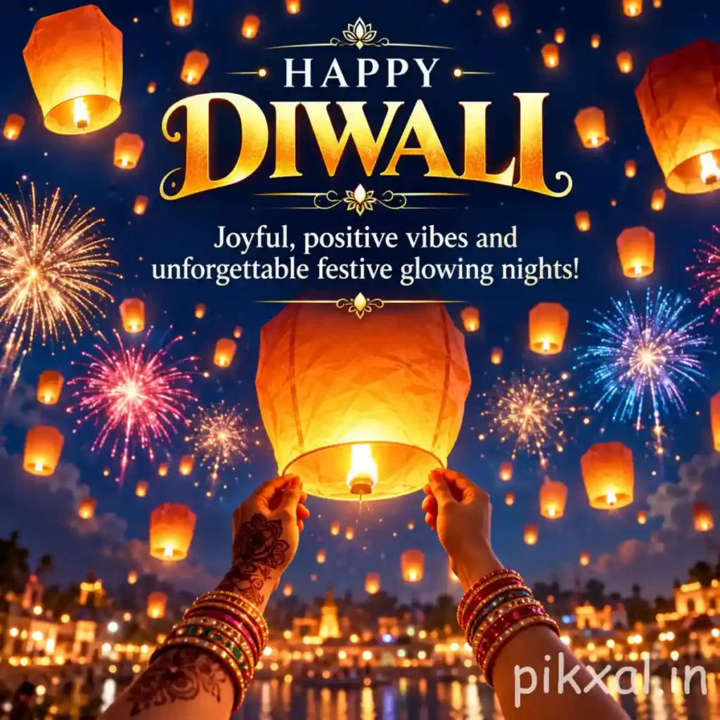 Happy Diwali HD picture featuring glowing sky lanterns, colorful fireworks and people celebrating under the night sky