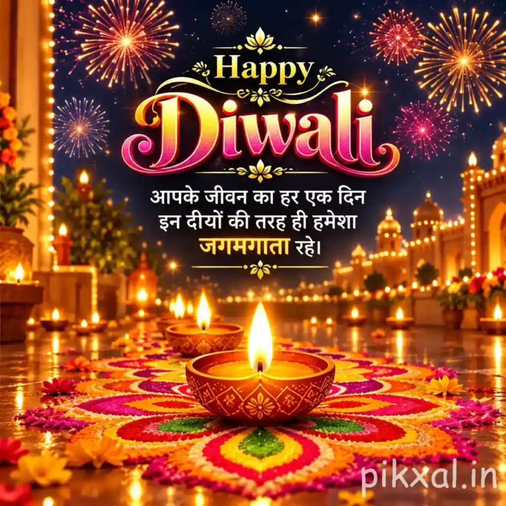 Happy Diwali greeting featuring a glowing diya, colorful rangoli, fireworks and Hindi शुभ दीपावली wishes