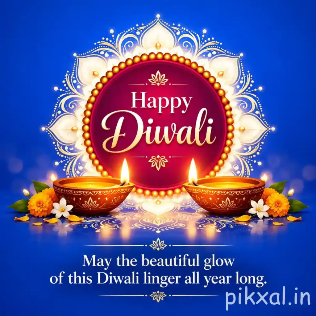 Happy Diwali images download featuring two glowing decorative diyas, a red and golden ornamental frame and a blue festive background