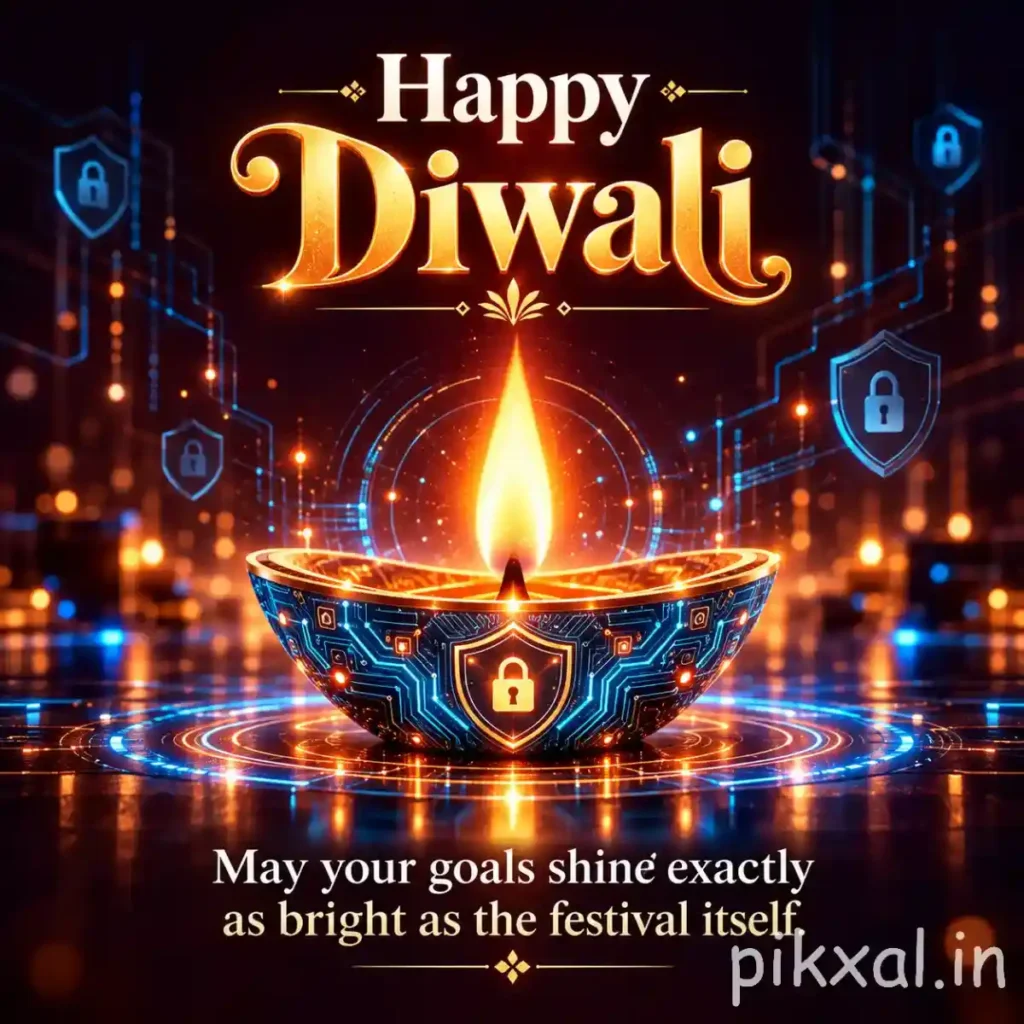 Happy Diwali images download featuring a glowing blue decorative diya, digital light patterns and illuminated security symbols